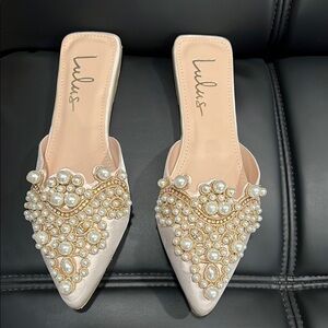 Lulu's Cream Mules with Pearl Embellishments and Pointed Toe Design
